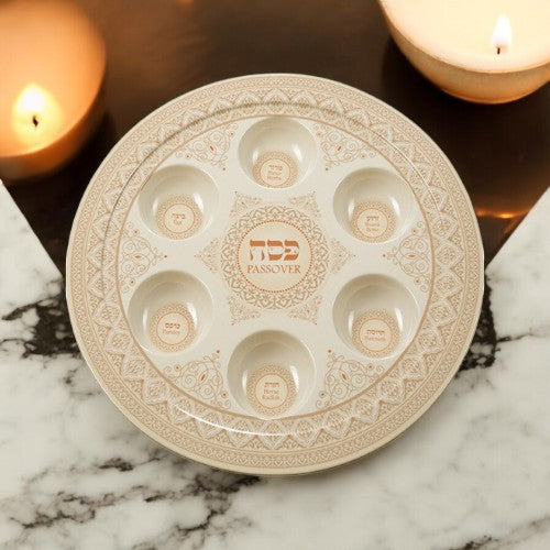 Brown Stylish Passover Seder Plate With Grey Marble Design