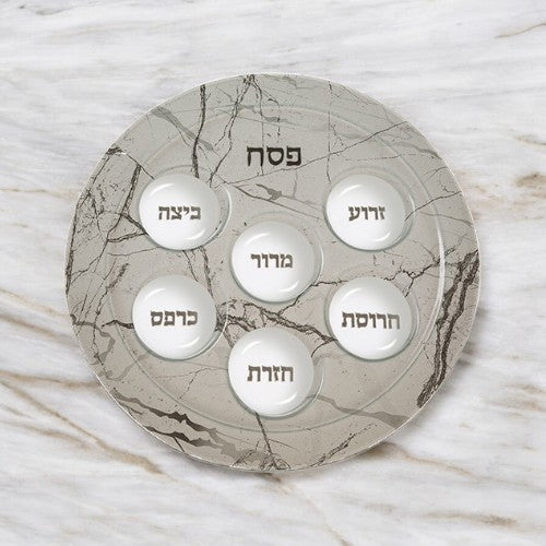 15" Grey Marble Glass Stylish Passover Seder Plate