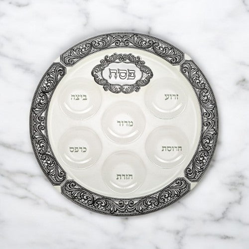 15" Black & White Glass Stylish Passover Seder Plate