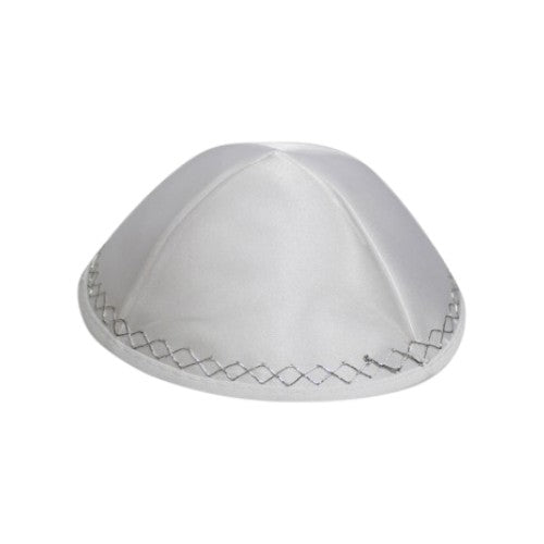 Embroidered Silver & White Satin Kippah