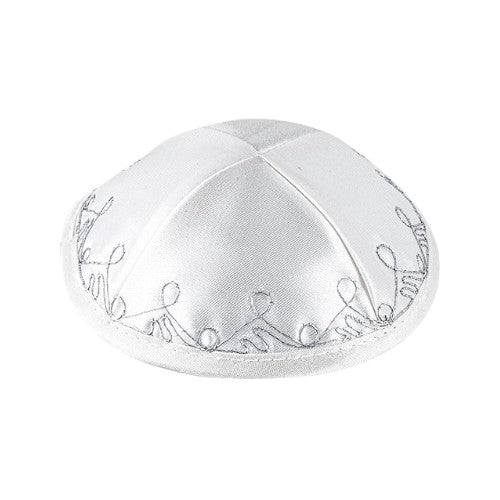 Embroidered Silver & White Satin Kippah