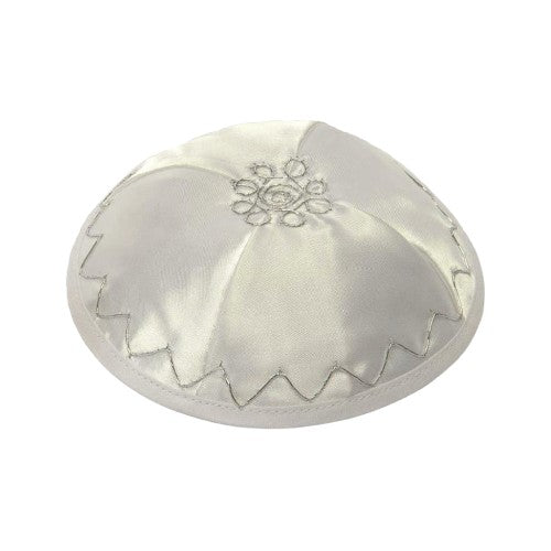 Embroidered Silver & White Satin Kippah