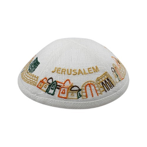 White Jerusalem Silk & Linen Kippah