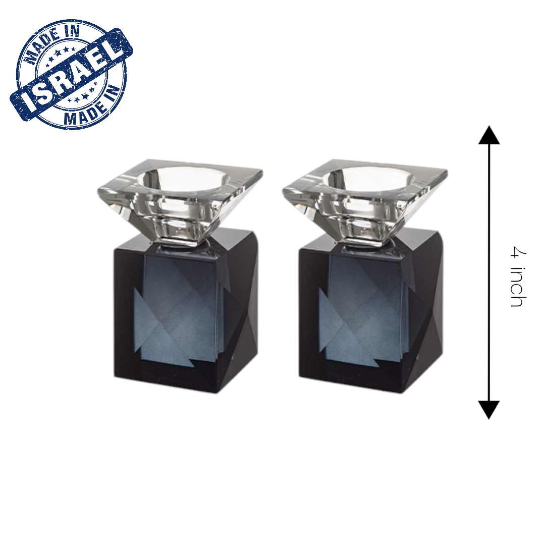 Matte Black Pair of Crystal Glass Shabbat Candlesticks