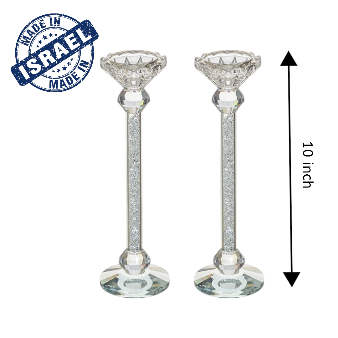 10" Pair of Crystal Shabbat Candlesticks with Zircons