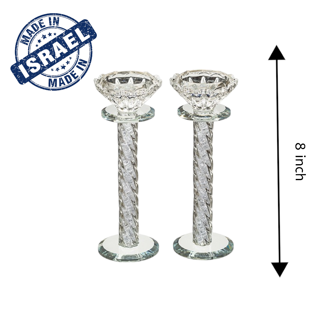 8" Pair of Crystal Shabbat Candlesticks with Zircons